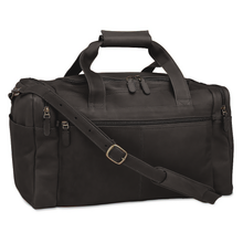 Load image into Gallery viewer, Angled front view of the brown leather duffle bag. 
