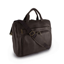 Load image into Gallery viewer, Angled front view of a brown leather slim briefcase.

