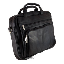 Load image into Gallery viewer, Angled front view of the black leather briefcase. The shoulder strap is detached. 
