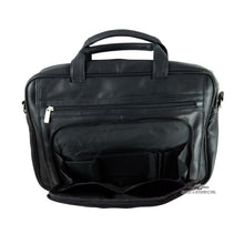 Load image into Gallery viewer, Front view of the black leather briefcase with the front pocket unzipped. 
