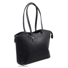 Load image into Gallery viewer, Angled front view of the black leather tote bag. The shoulder straps are pulled up. 
