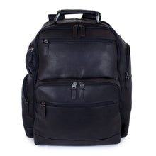 Load image into Gallery viewer, Front view of the black backpack with multiple zipper-closing pockets. 
