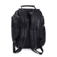 Load image into Gallery viewer, Back panel view of the black backpack with the shoulder straps out.
