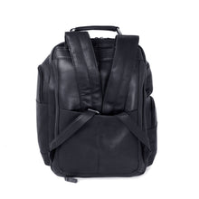 Load image into Gallery viewer, Back panel view of the black leather backpack with the shoulder traps tucked on the back pocket. 

