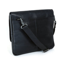 Load image into Gallery viewer, Angled back panel view of the black leather messenger bag. The shoulder strap is attached.
