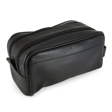 Load image into Gallery viewer, Angled back panel view of the black leather toiletry bag. 
