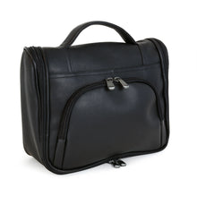 Load image into Gallery viewer, Angled front view of the black leather toiletry bag. It features a front zipper-closing pocket. 
