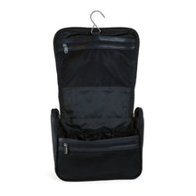 Load image into Gallery viewer, Interior view of the black leather toiletry kit bag. The flap cover features a hanging hook and zipper-closing pocket. 
