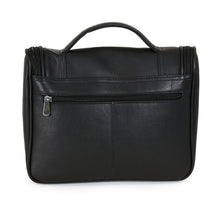 Load image into Gallery viewer, Back panel view of the black leather hanging toiletry bag. 
