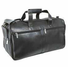 Load image into Gallery viewer, Angled front view of the black leather duffle bag. The grip handles are pulled up. 
