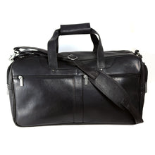 Load image into Gallery viewer, Front view of the black leather duffle bag. The shoulder strap is resting across it. 
