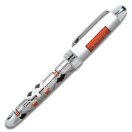 Side view of the rollerball pen on a white background. The barrel has a series of patterns and designs in white, red-orange, black, and light gray. The cap is white and has a red design with white lettering on it.