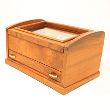 Load image into Gallery viewer, Angled front view of the wooden watch chest with the top lid closed. 

