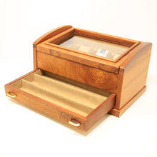 Load image into Gallery viewer, Angled view of the wooden watch chest. The front panel drawer is opened, and features space for three extended watches. 
