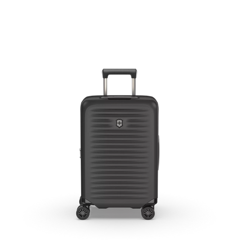 Front panel view of the hard shell suitcase with the telescopic handle partly pulled up. 