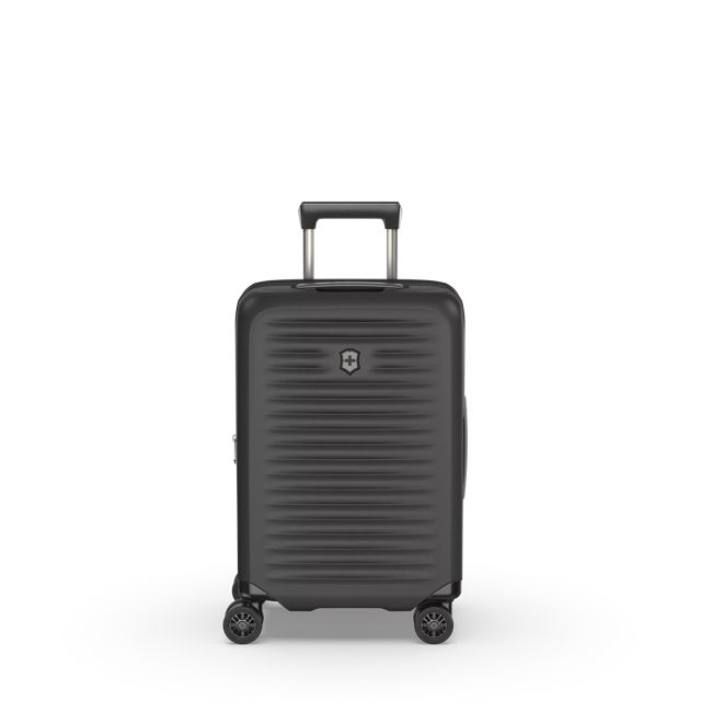 Front panel view of the hard shell suitcase with the telescopic handle partly pulled up. 