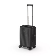Load image into Gallery viewer, Angled front view of the hard shell suitcase with the telescopic handle extended. 
