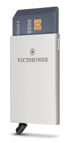 Front Angled View of the card case showing 5 credit cards in the ejected position. 