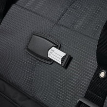 Load image into Gallery viewer, Integrated ID tag detail on black High Sierra wheeled duffel.
