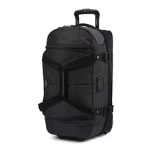 Load image into Gallery viewer, Front angle view of upright black High Sierra wheeled duffel with extended handle.
