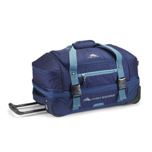 Load image into Gallery viewer, Side profile of the navy High Sierra wheeled drop bottom duffel bag.

