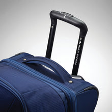 Load image into Gallery viewer, Close up of extended telescopic handle on navy High Sierra wheeled duffel.
