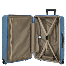Load image into Gallery viewer, Inside view of the suitcase on a white background. The lining is a light brown color. The lid&#39;s side features a zipper close compartment. The right side features a set of straps to keep contents in place.
