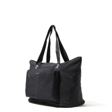 Load image into Gallery viewer, Angled view of the unfolded bag in black. Set on a white background.
