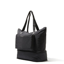Load image into Gallery viewer, Angled view of the expanded black bag. Set on a white background.
