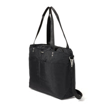 Load image into Gallery viewer, Angled view of the black tote bag. Set on a white background. 
