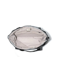 Load image into Gallery viewer, Top view of the tote bag with the zipper opened. Set on a white background. 
