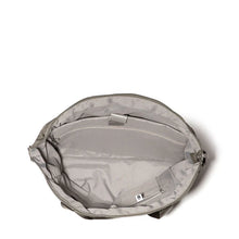 Load image into Gallery viewer, Top view of the sterling silver (gray) bag with the zipper open. Set on a white background.

