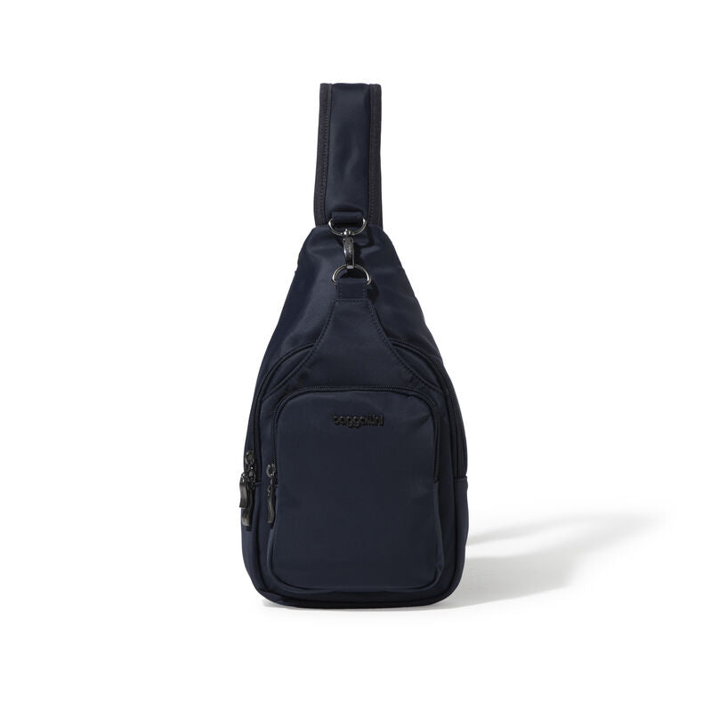 Front view of the navy bag on a white background. 