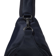 Load image into Gallery viewer, Close up to the clip on the navy bag&#39;s sling. 
