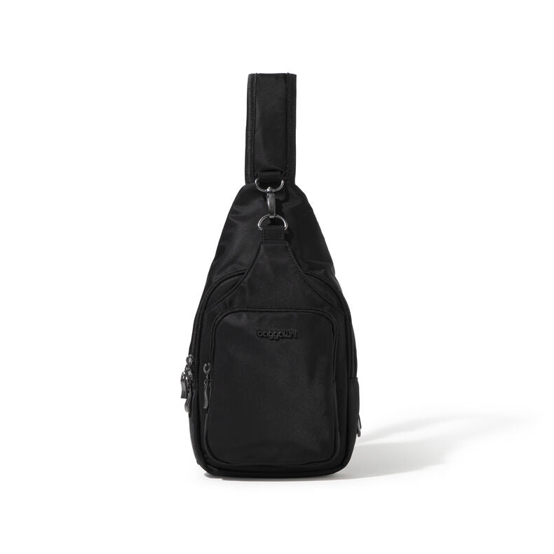 Front view of the black bag on a white background. 