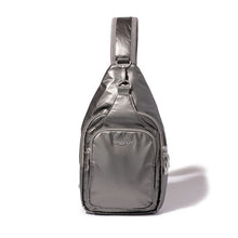 Load image into Gallery viewer, Front view of the metallic-gray bag. Set on a white background. 

