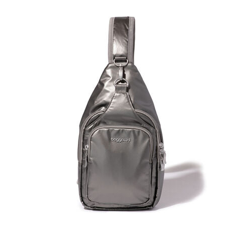 Front view of the metallic-gray bag. Set on a white background. 