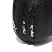 Load image into Gallery viewer, Close up to the zippers of each section. Each can be secured to a ring with a clip. 
