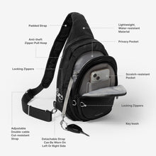 Load image into Gallery viewer, Labeled view of each part of the bag: Padded strap, anti-theft zipper pull hoop, locking zippers, adjustable double-cable cut-resistant strap, detachable strap can be worn on left or right side, lightweight water-resistant material, privacy pocket, Scratch-resistant pocket (for phone), locking zippers, key leash.
