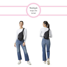 Load image into Gallery viewer, View of a model wearing the bag as a front and back sling.
