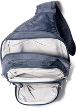 Load image into Gallery viewer, Top view of the bag with the three compartment zippers opened. Set on a white background. 
