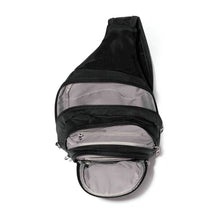 Load image into Gallery viewer, Top view of the bag with the compartment zippers opened. Set on a white background.

