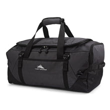Load image into Gallery viewer, Front angle view of the closed black High Sierra duffel backpack.
