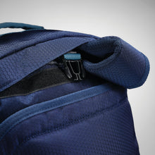 Load image into Gallery viewer, Close up of the navy High Sierra duffel backpack strap attachment.
