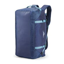 Load image into Gallery viewer, Navy High Sierra duffel backpack standing upright.
