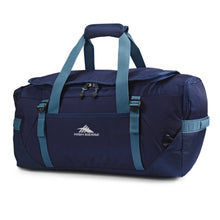 Load image into Gallery viewer, Front angle view of the closed navy High Sierra duffel backpack with the grip handle pulled up. 
