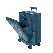 Load image into Gallery viewer, Angled view of the suitcase on a white background. The front laptop compartment is shown opened. 
