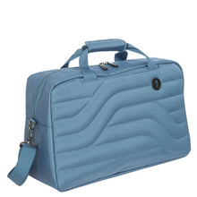 Load image into Gallery viewer, Front angled view of the grey blue duffle bag. Set on a white background. 

