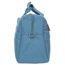 Load image into Gallery viewer, Side view of the grey blue duffle bag on a white background. 
