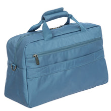 Load image into Gallery viewer, Back angled view of the grey-blue duffle bag on a white background. This side features a zipper-closed compartment. 

